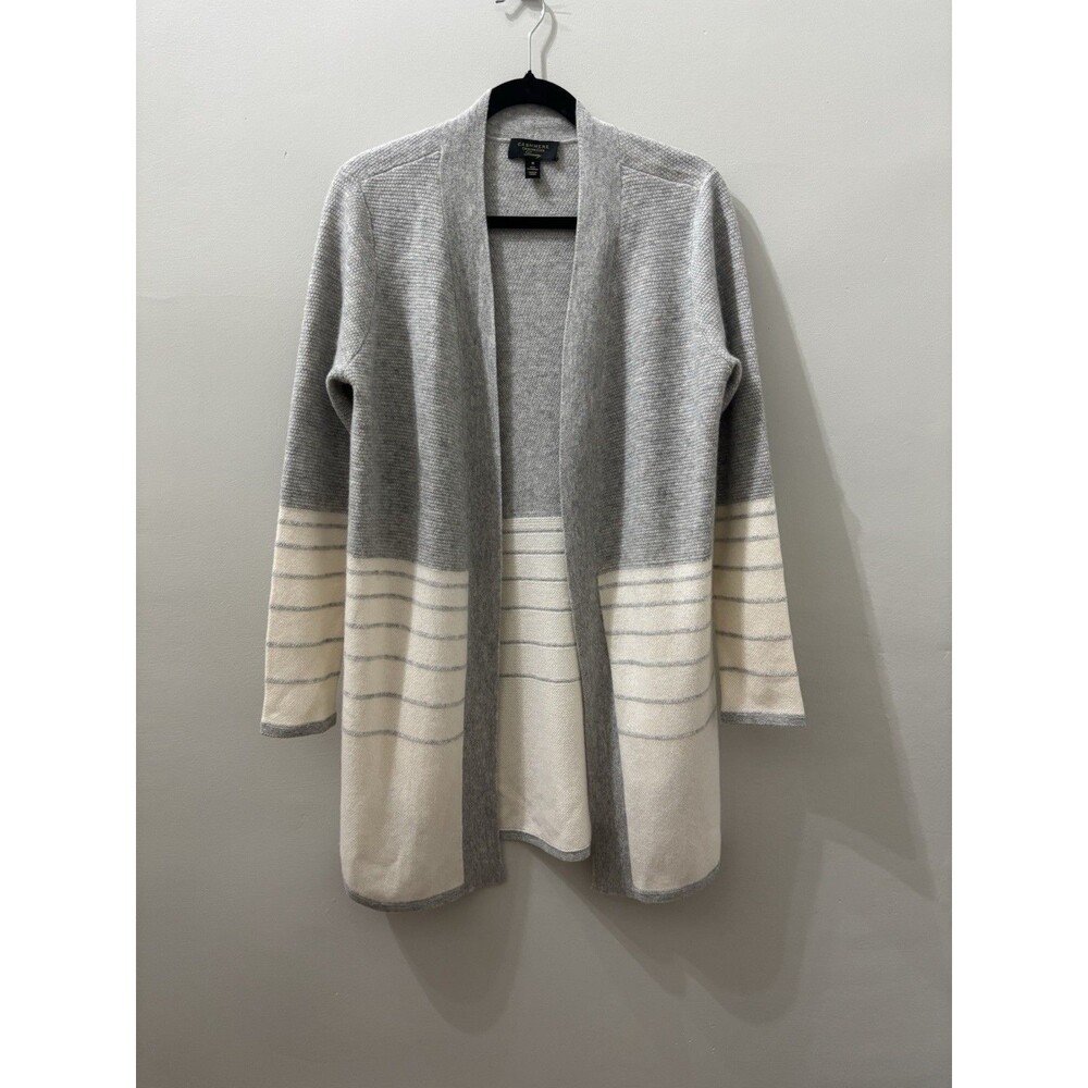 Charter Club Luxury Size M Womens Cashmere Tunic Open Gray Cream Sweater - EUC